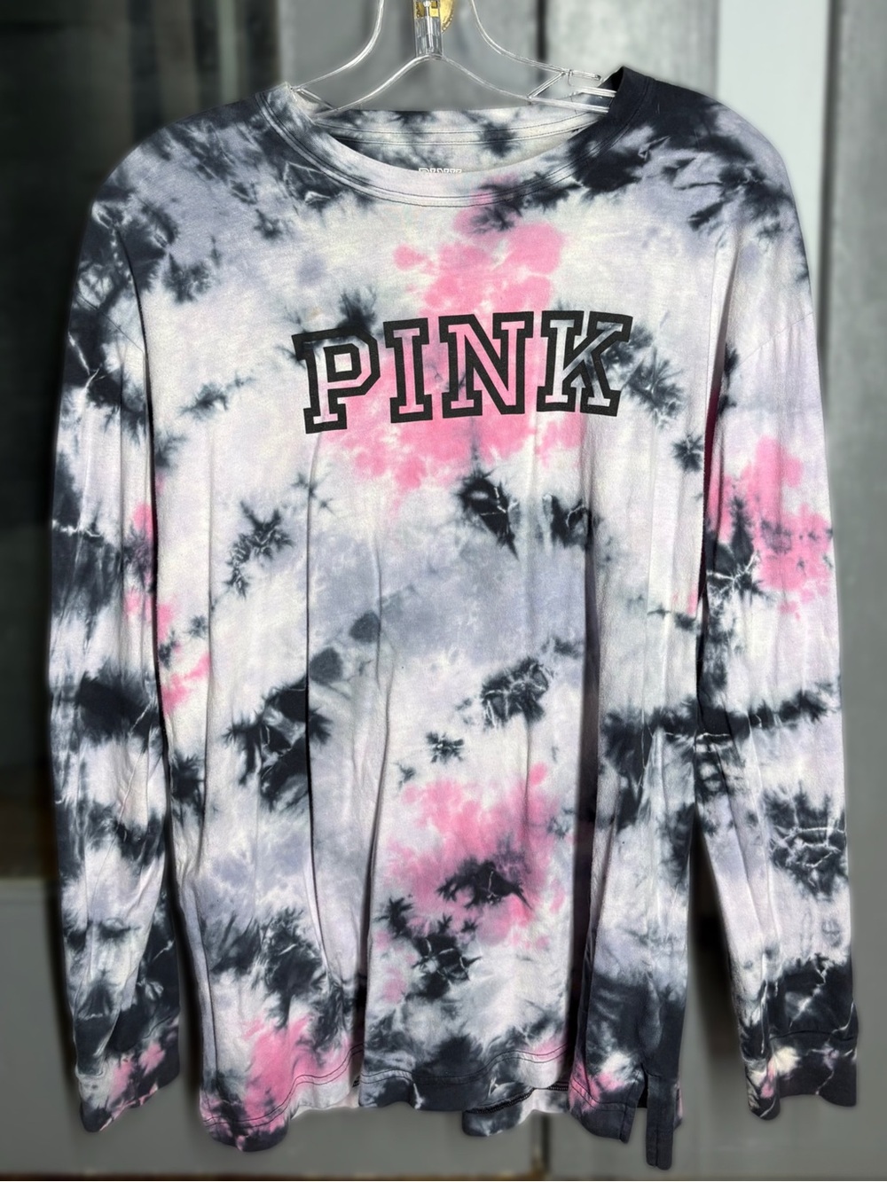 PINK Victoria's Secret Black, Pink & White Tie-Dye Long Sleeve Tee